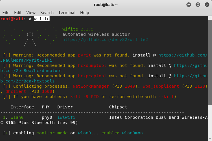 Comando de wifite en Kali Linux en Terminal