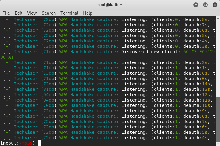 Herramienta de wifite detectando clientes y paquetes Kali Linux