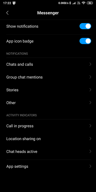 Opción de notificación de mensajería en la configuración de Android
