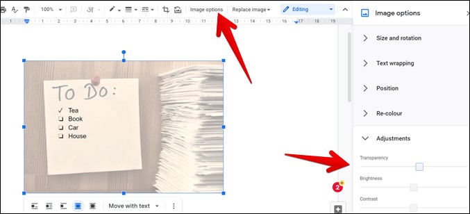 Google Docs Editar transparencia de imagen