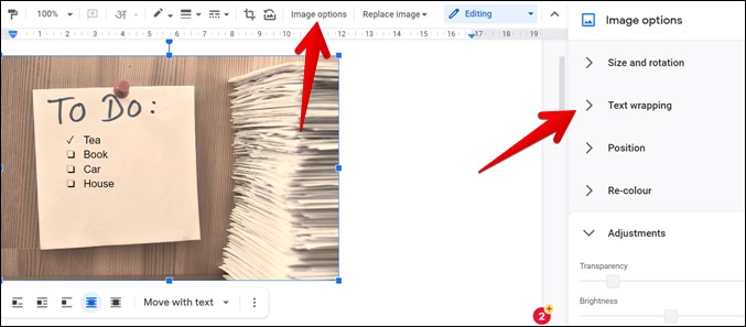 Google Docs envuelve texto de opciones de imagen