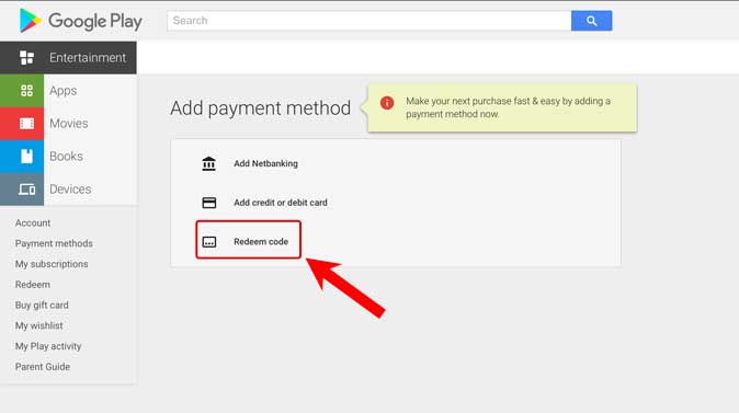 redimir el código en Google Play