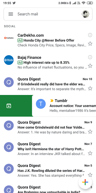 Archive Action en Gmail Mobile