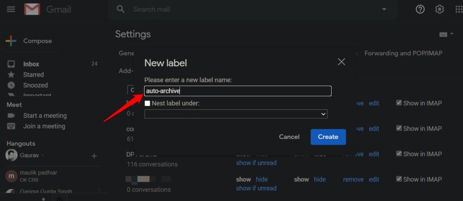 Creando una nueva etiqueta en Gmail