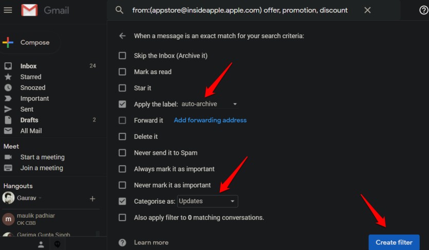 Aplicar el filtro de archivo automático y la categoría