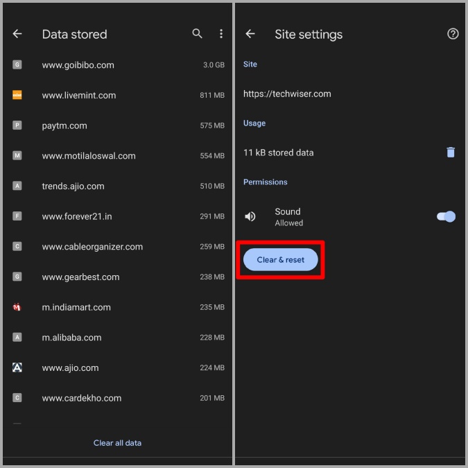 Borrar datos del sitio en Google Chrome