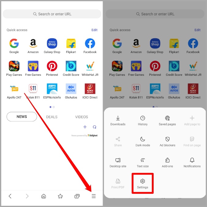 Configuración en el navegador de Internet de Samsung
