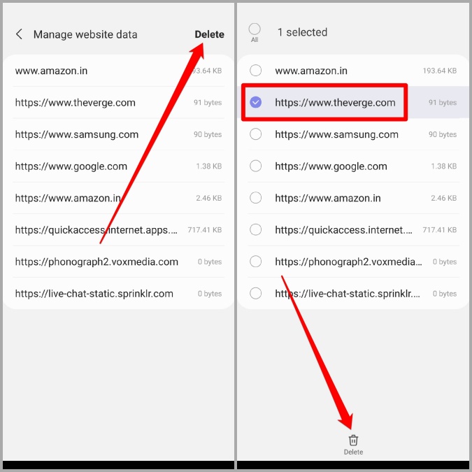 Eliminar datos del sitio web en Internet de Samsung