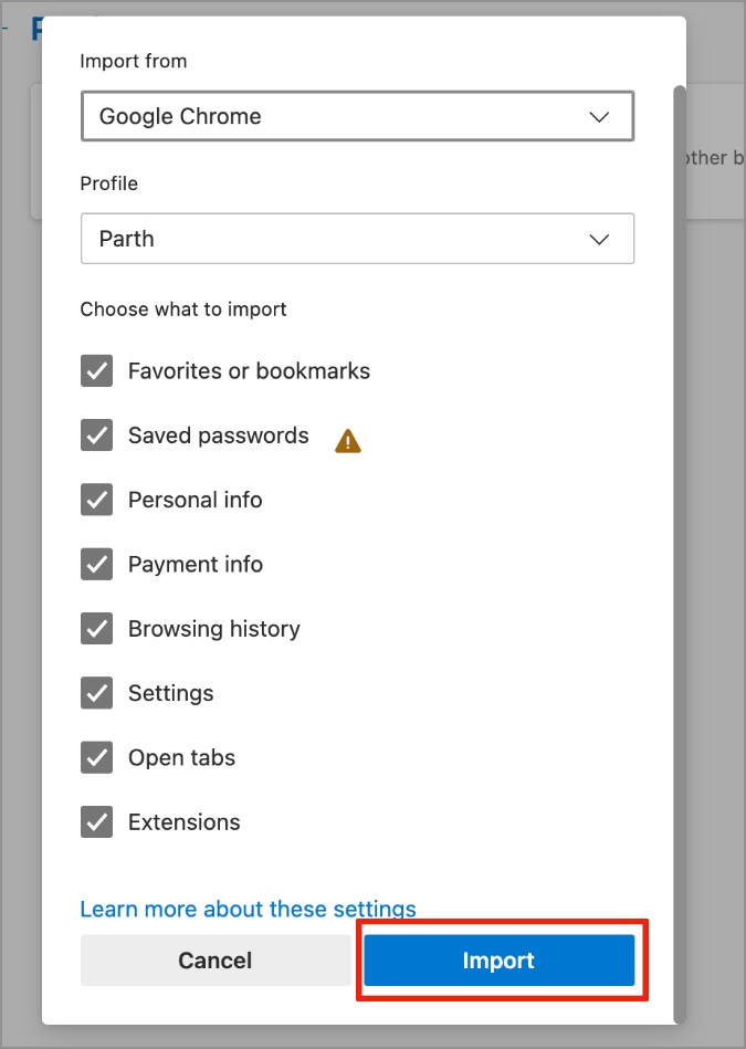 Importación de datos de Google Chrome en el navegador Edge