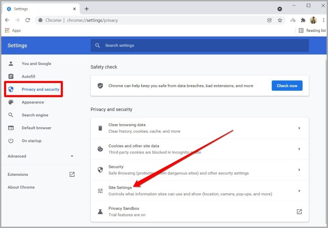 Configuración del sitio en Google Chrome