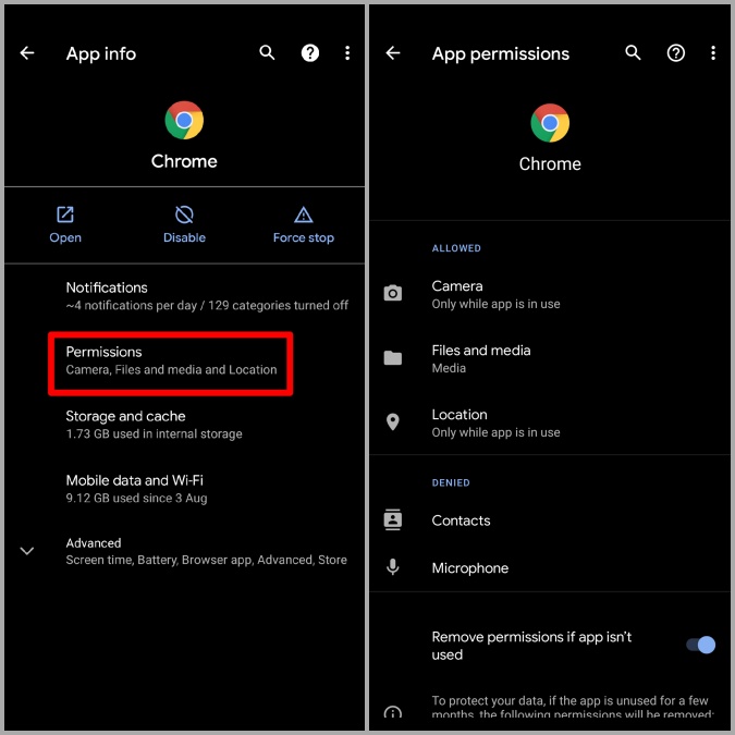 Permisos de la aplicación Chrome en Android