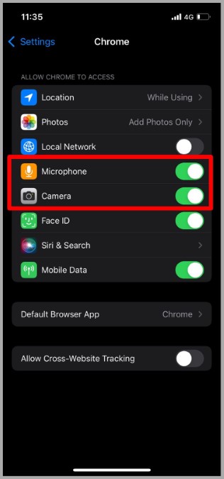 Permitir el acceso de Chrome a la cámara y al micrófono en iPhone