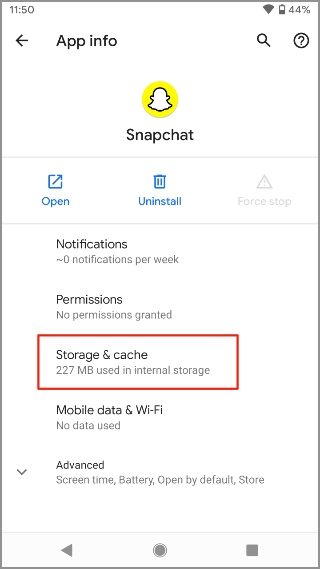 Snapchat no envía instantáneas - Abra el menú de almacenamiento