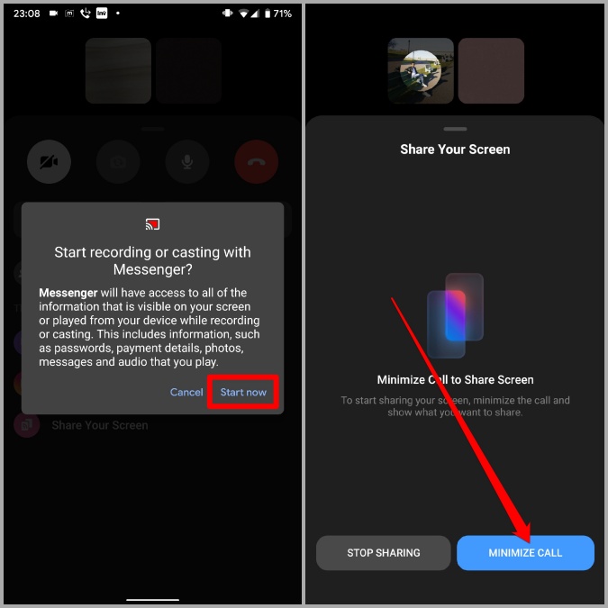 Comience a compartir la pantalla Android Messenger