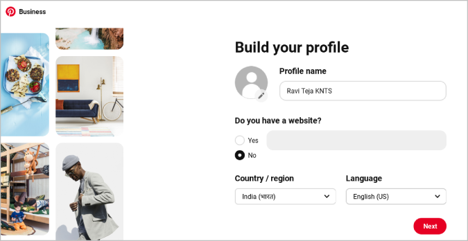 Creación de perfil en la cuenta de negocios Pinterest