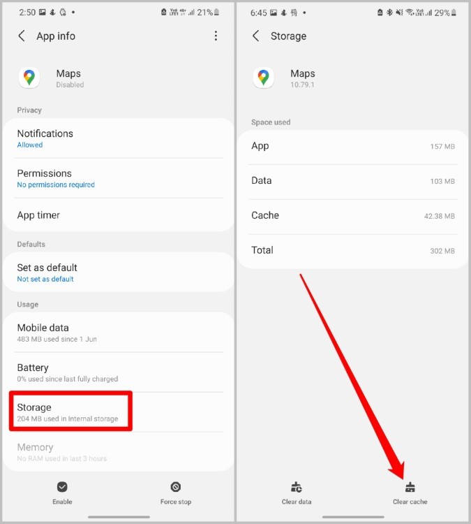 Borrar datos de caché para Google Maps