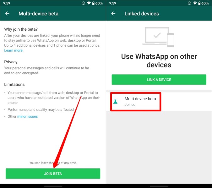 Unirse a múltiples dispositivos beta en whatsapp