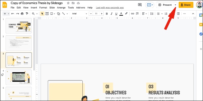 Modo presente en diapositivas