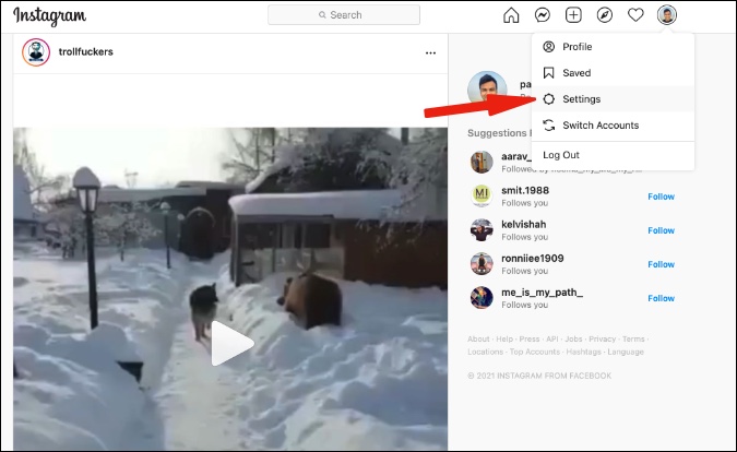 ir a la configuración de Instagram