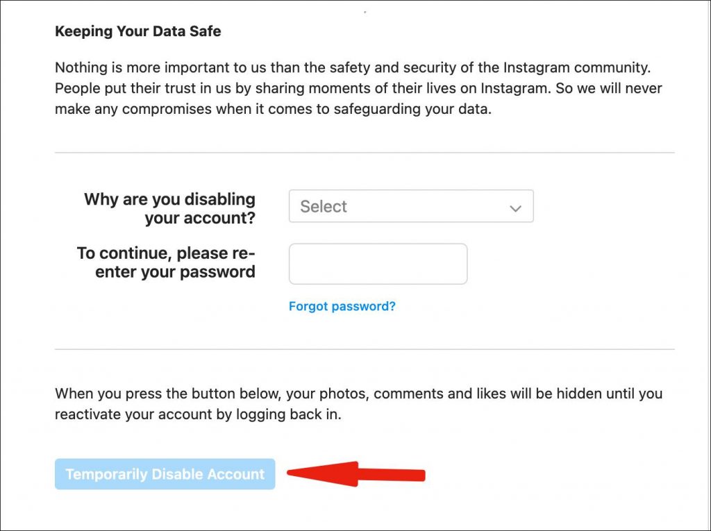 Deshabilitar la cuenta de Instagram