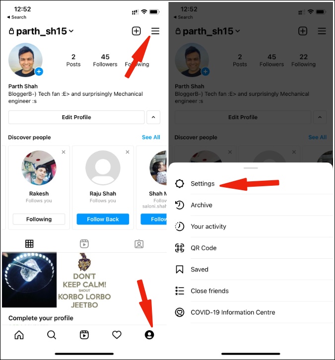 ir a la configuración de Instagram