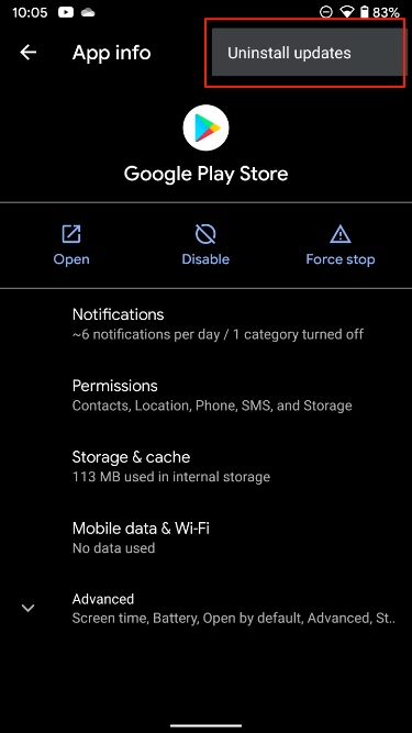 Desinstalar actualizaciones de Play Store