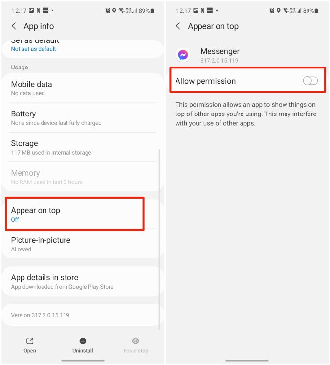 Permitir permiso para aparecer en la parte superior