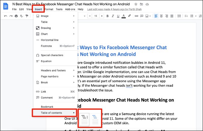 Agregar tabla de contenido en Google Docs