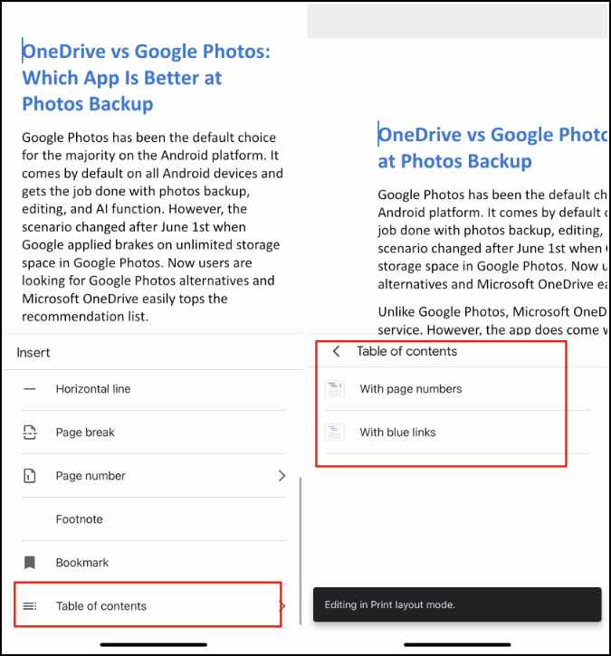 Tabla de contenido en Google Docs Mobile