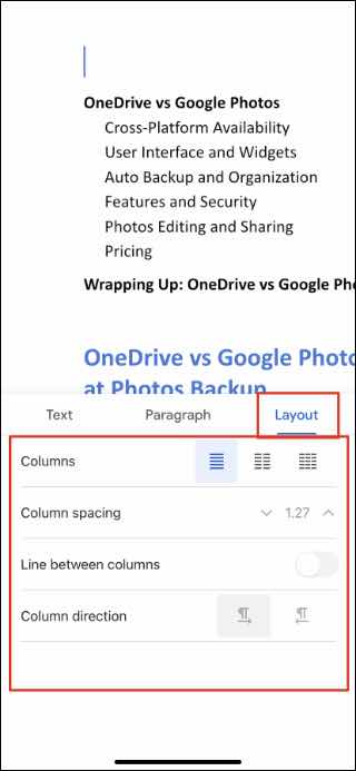 Agregar columna en Google Docs Mobile