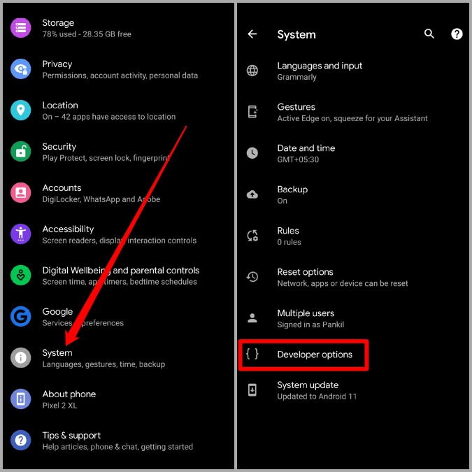 Opciones de desarrollador en Android