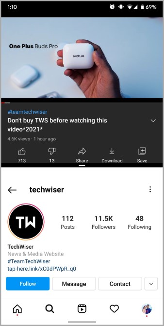 Instagram y YouTube en pantalla dividida