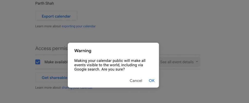 Advertencia del calendario de Google al hacer público el calendario
