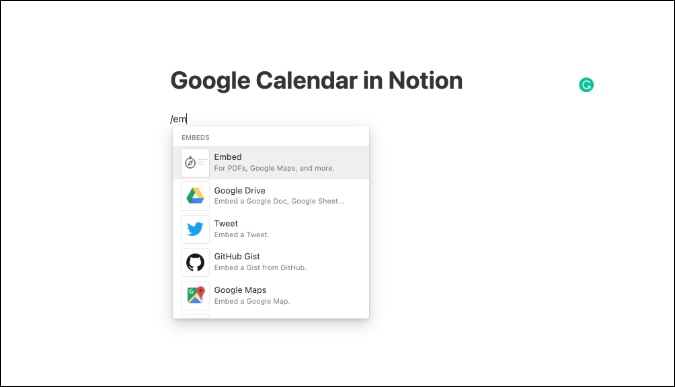 incrustar el calendario de Google en la noción