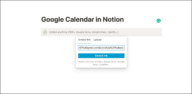 Incrustar el calendario de Google usando URL en noción