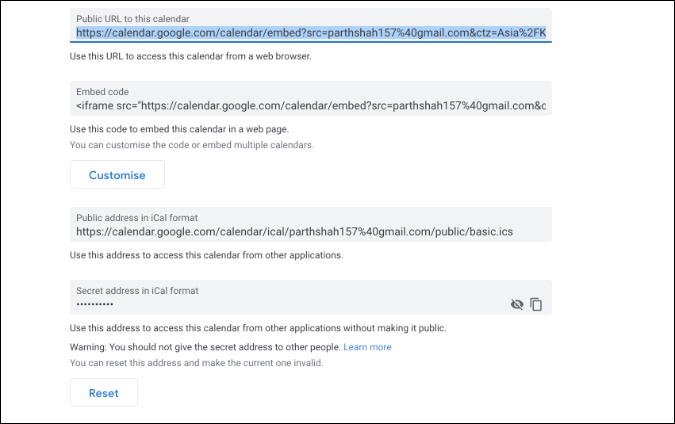 Copiar enlace de URL del calendario de Google