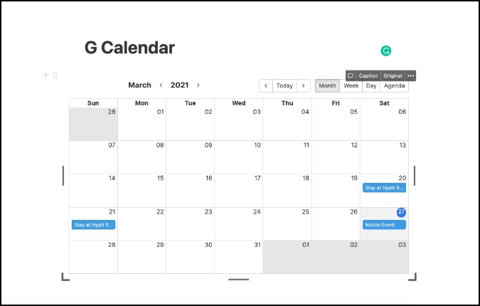 widget de calendario en la noción