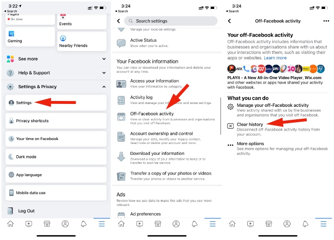 Off Facebook Opción de actividad en la aplicación móvil