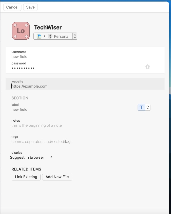 Nuevo elemento en 1Password