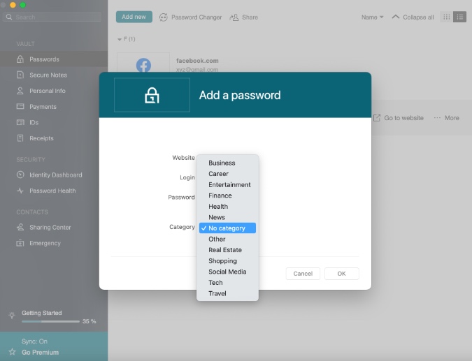 Agregar nuevo elemento en Dashlane