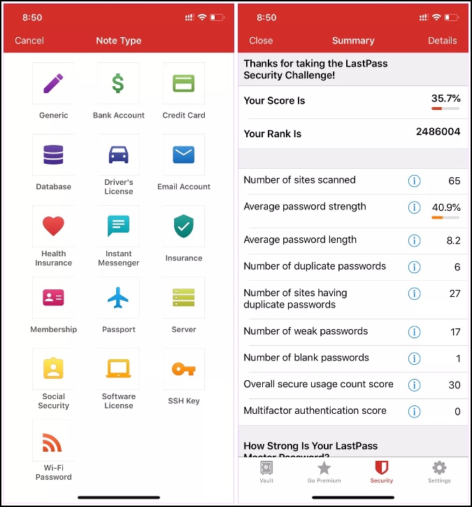 UI móvil de LastPass