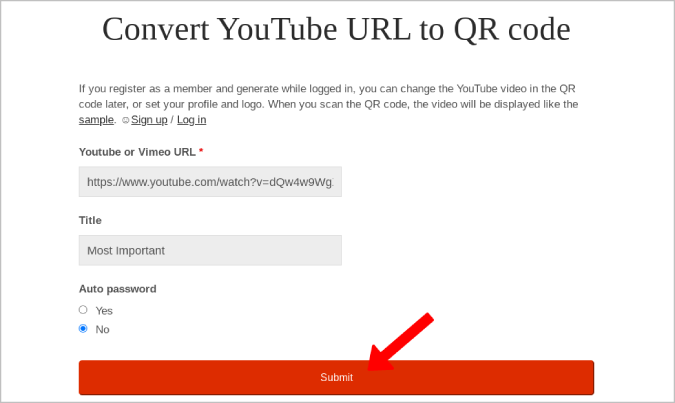 Envíe los detalles para crear un código QR para el video de YouTube 