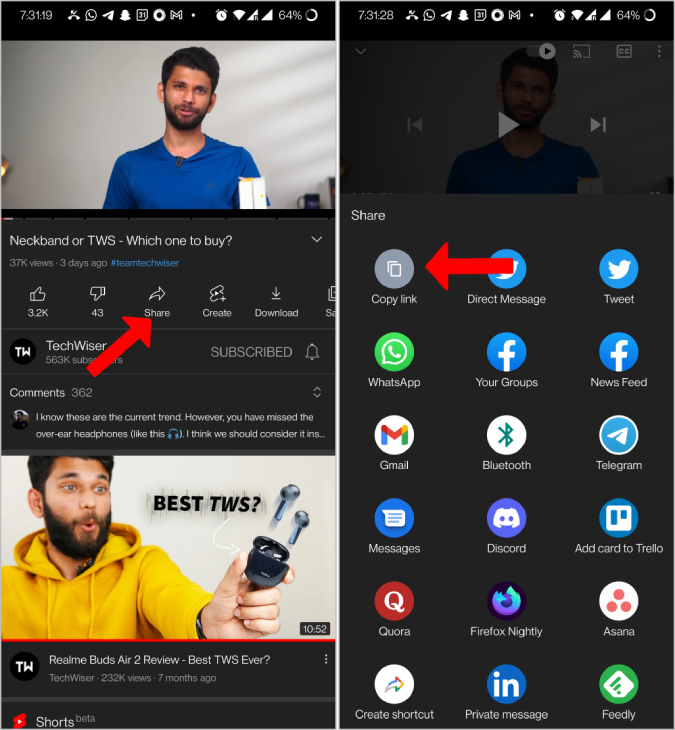 Copiar URL de video de YouTube en el móvil 