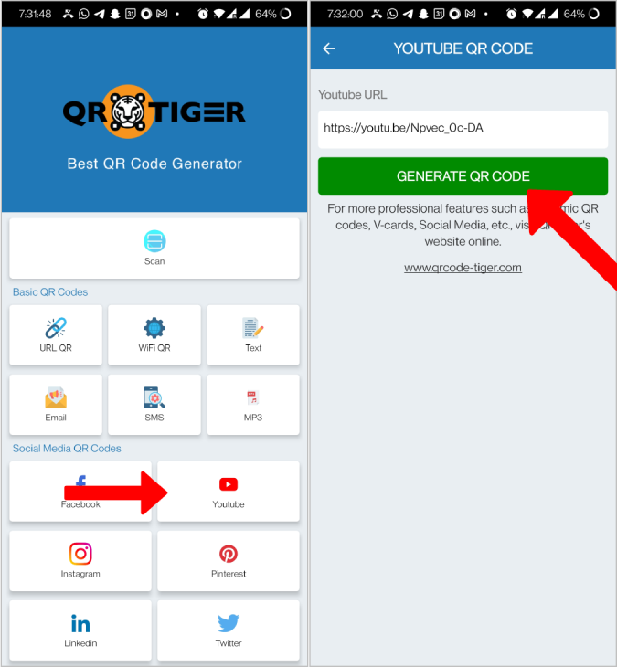 Creación del código QR de video YouTube con la aplicación QR Tiger 
