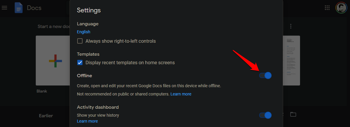Opción fuera de línea de Google Docs