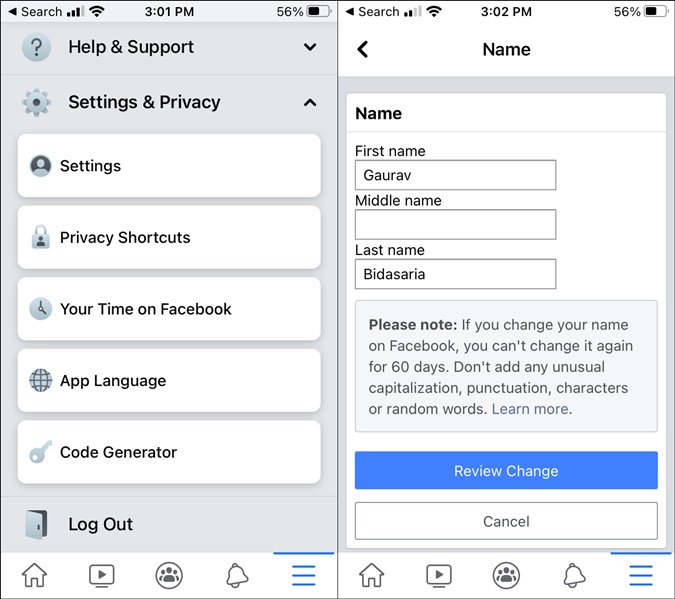 Opción de cambio de nombre de Facebook en iOS