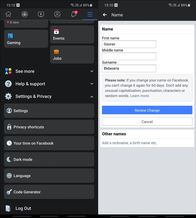 Opción de cambio de nombre de Facebook en Android