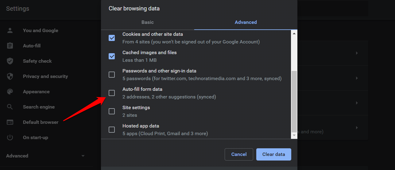 Eliminar datos de enfoque automático en Chrome