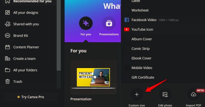 Elegir el tamaño personalizado en Canva