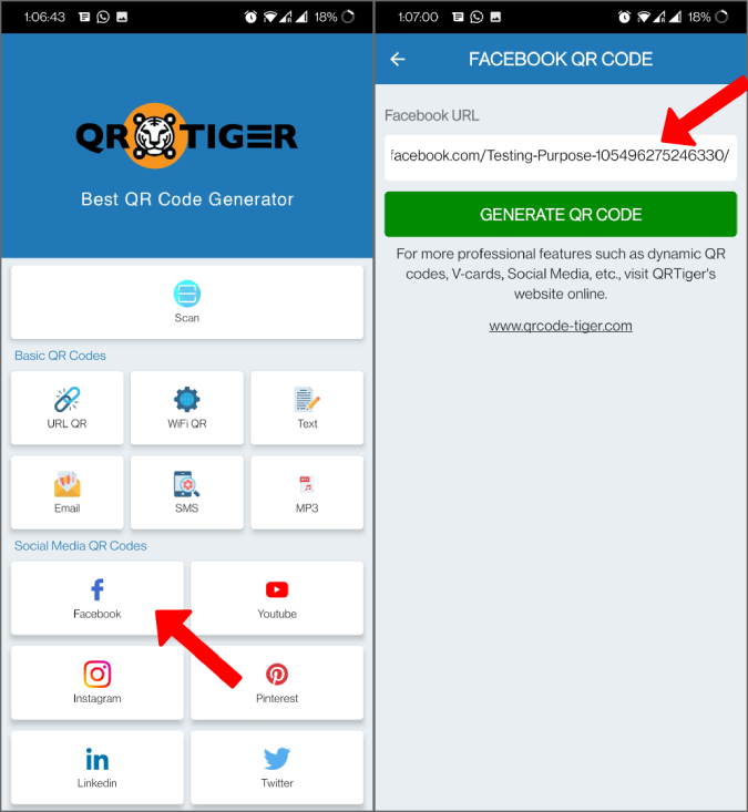 Creación de código QR de Facebook con QR Tiger